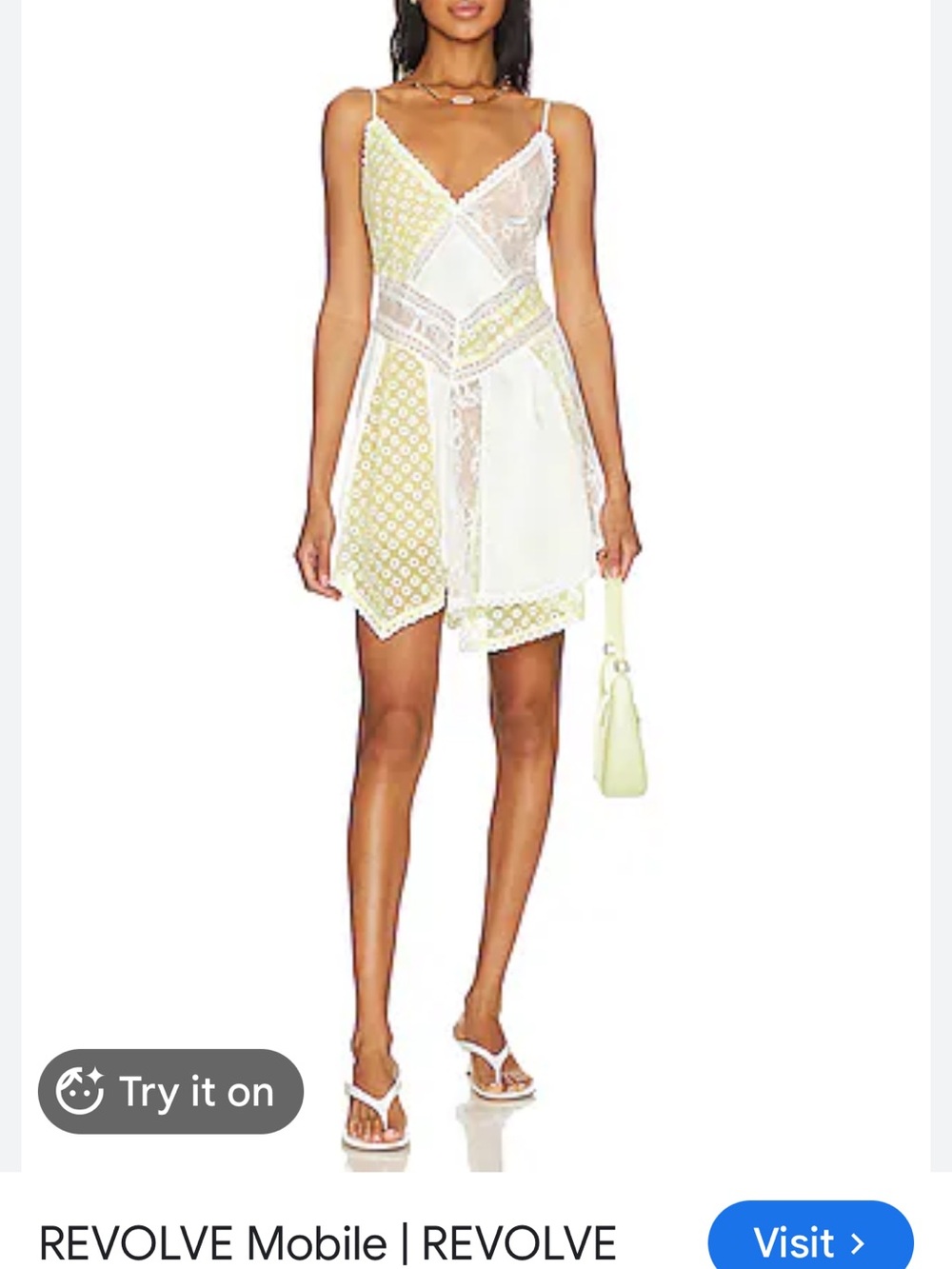 MAJORELLE White and Pale Yellow Lace-Trim Slip Mini Dress